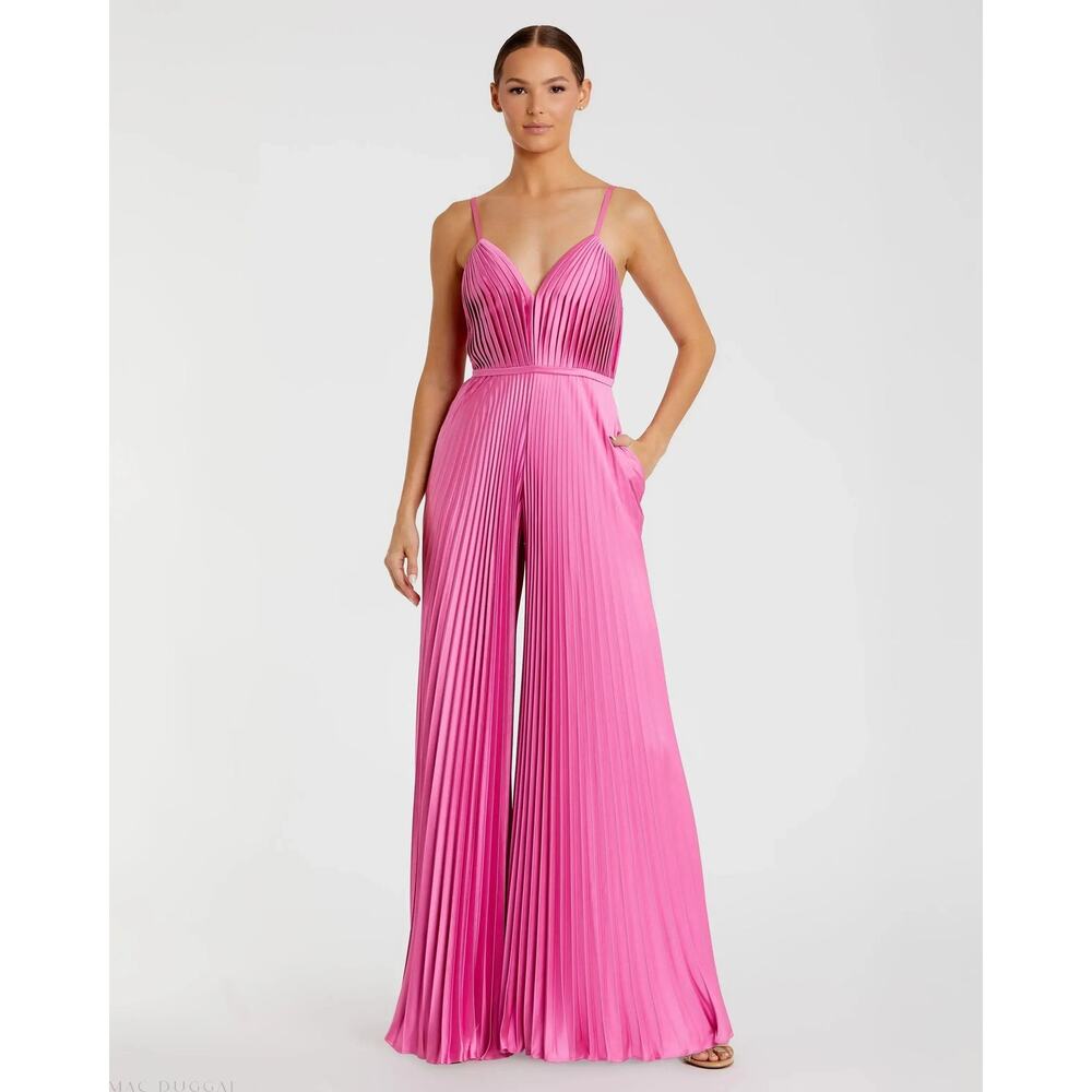 Ieena for Mac Duggal Pink Pleated Plunge Neck Wide Leg Jumpsuit Size 10